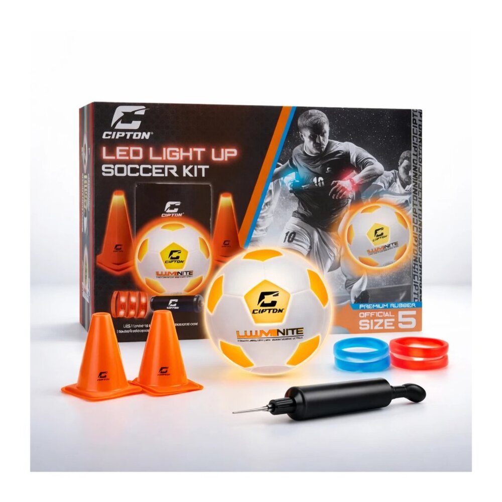 CIPTON LED LIGHT UP SZ 5 ADULT SOCCER Kit 11 PC SET Soccer Ball Cones GLOW DARK
